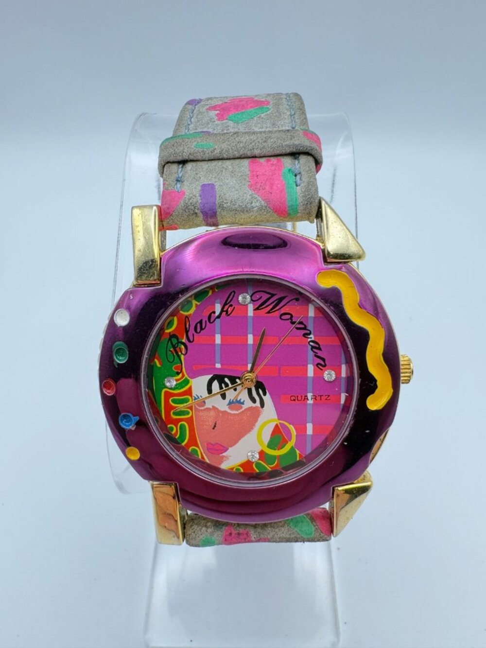 Vintage Black Woman Pop Art Quartz Watch Purple Gold Tone Memphis Style Leather